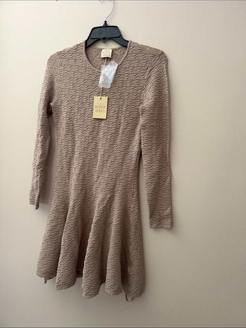 Ronny Kobo Collection Beige Textured Long Sleeve Midi Dress